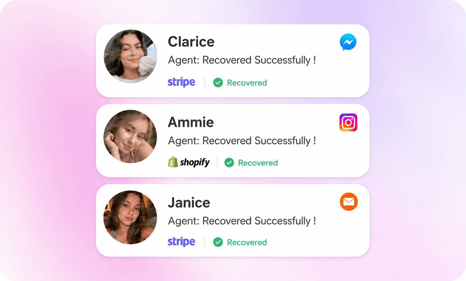Recovered customer cards: Clarice, Ammie, and Janice